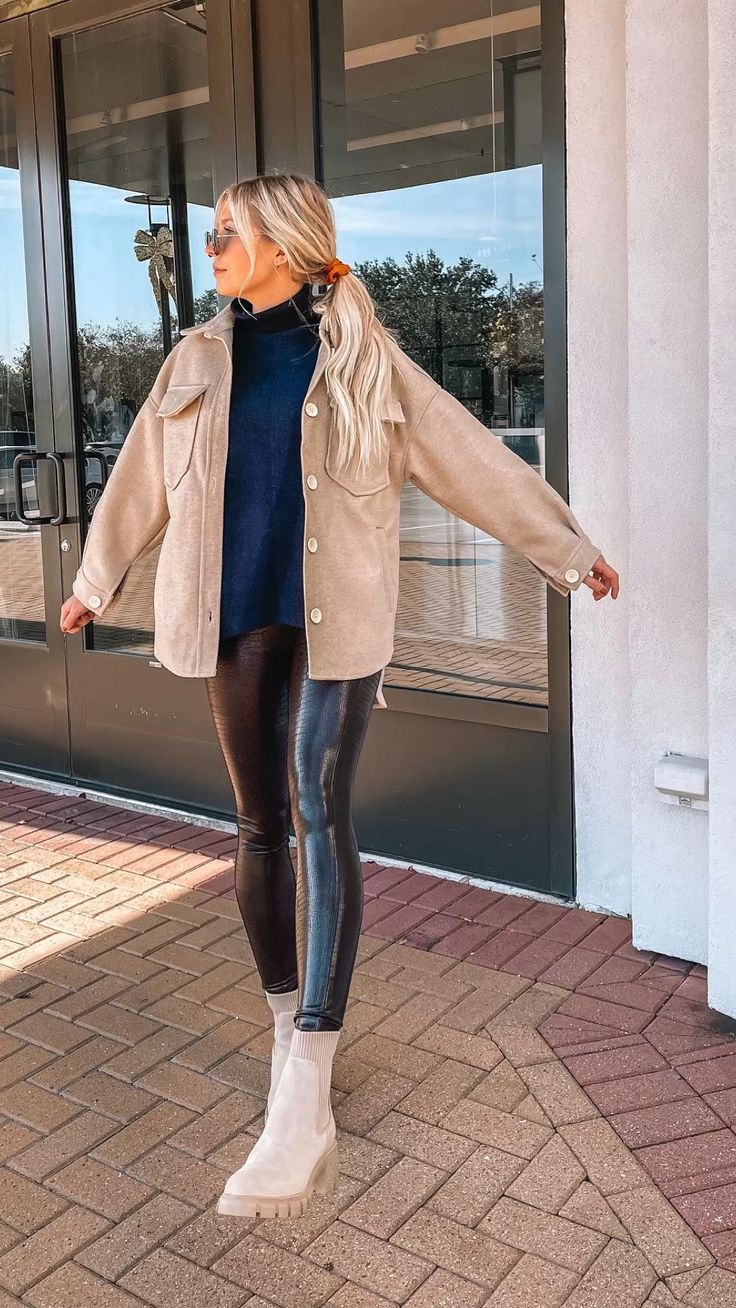 Beige Shacket with Leather Leggings